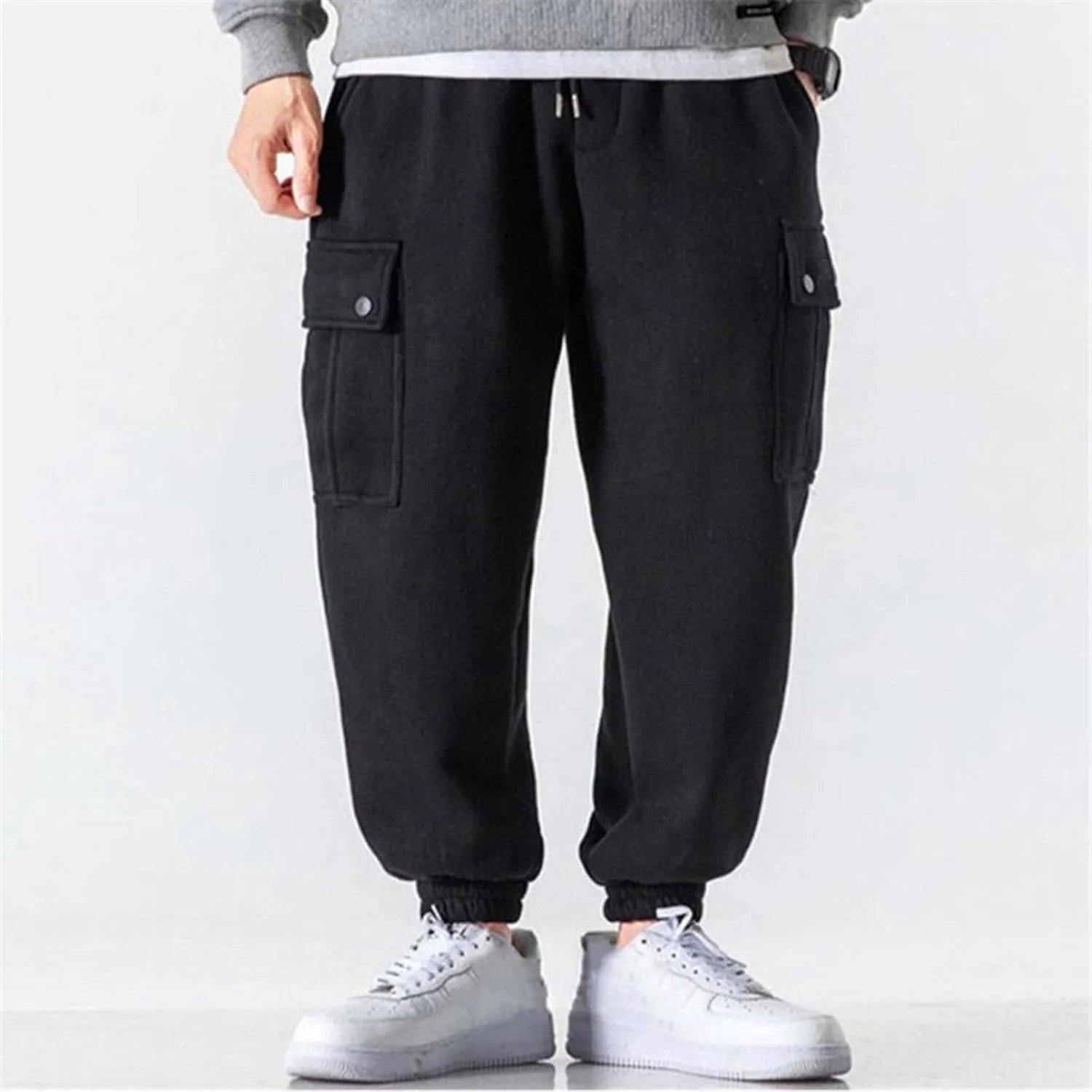 Men's Cargo Sweatpants Heavyweight Fleece Lined Drawstring Jogger Pants Elastic Waist Baggy Workout Running Pants Pockets