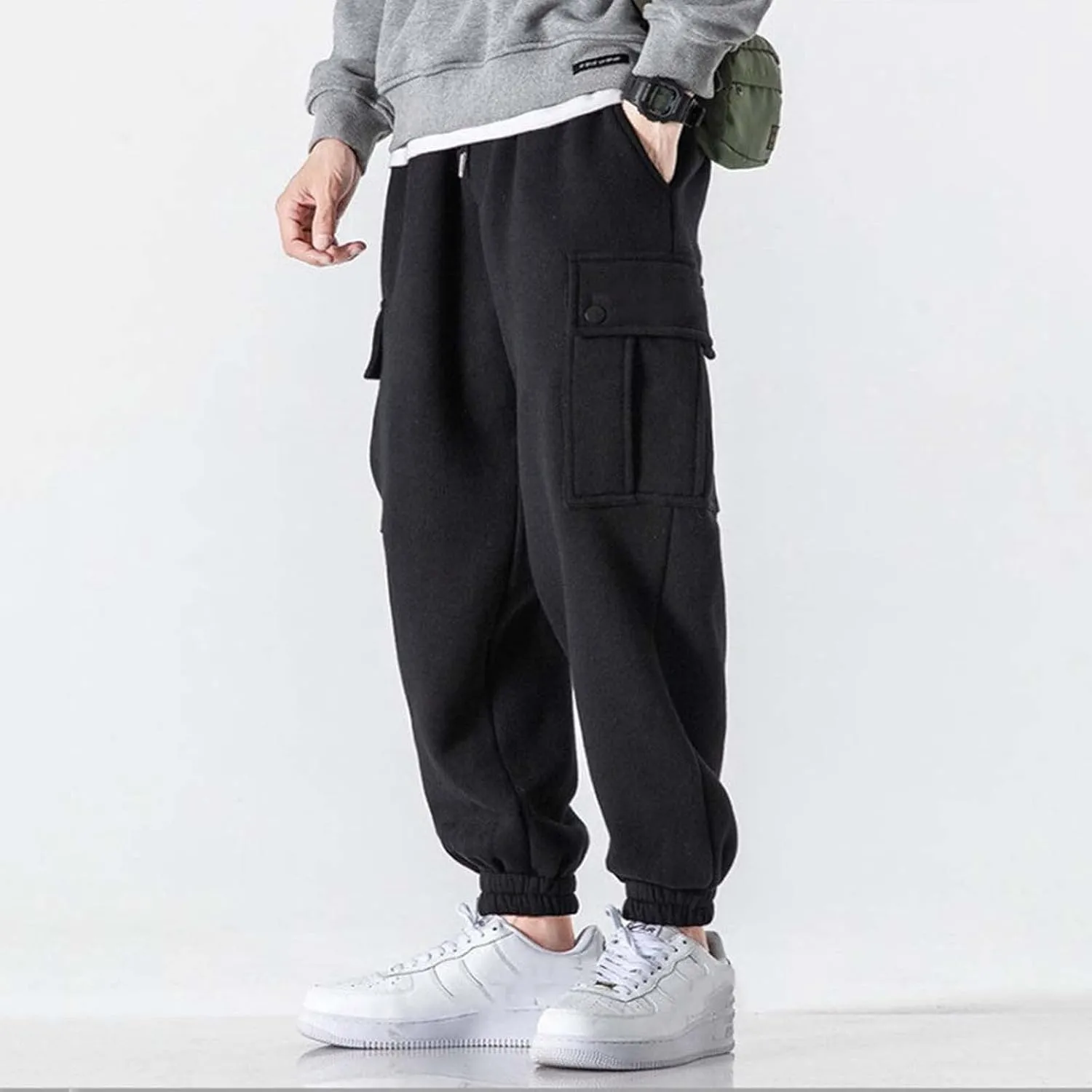 Men's Cargo Sweatpants Heavyweight Fleece Lined Drawstring Jogger Pants Elastic Waist Baggy Workout Running Pants Pockets