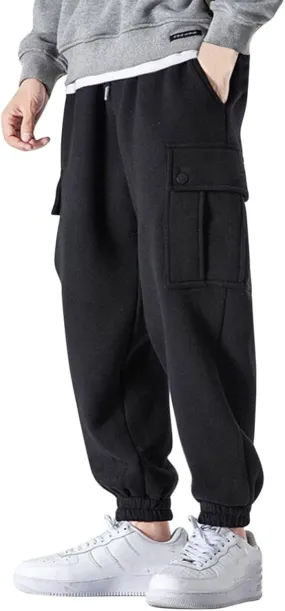 Men's Cargo Sweatpants Heavyweight Fleece Lined Drawstring Jogger Pants Elastic Waist Baggy Workout Running Pants Pockets
