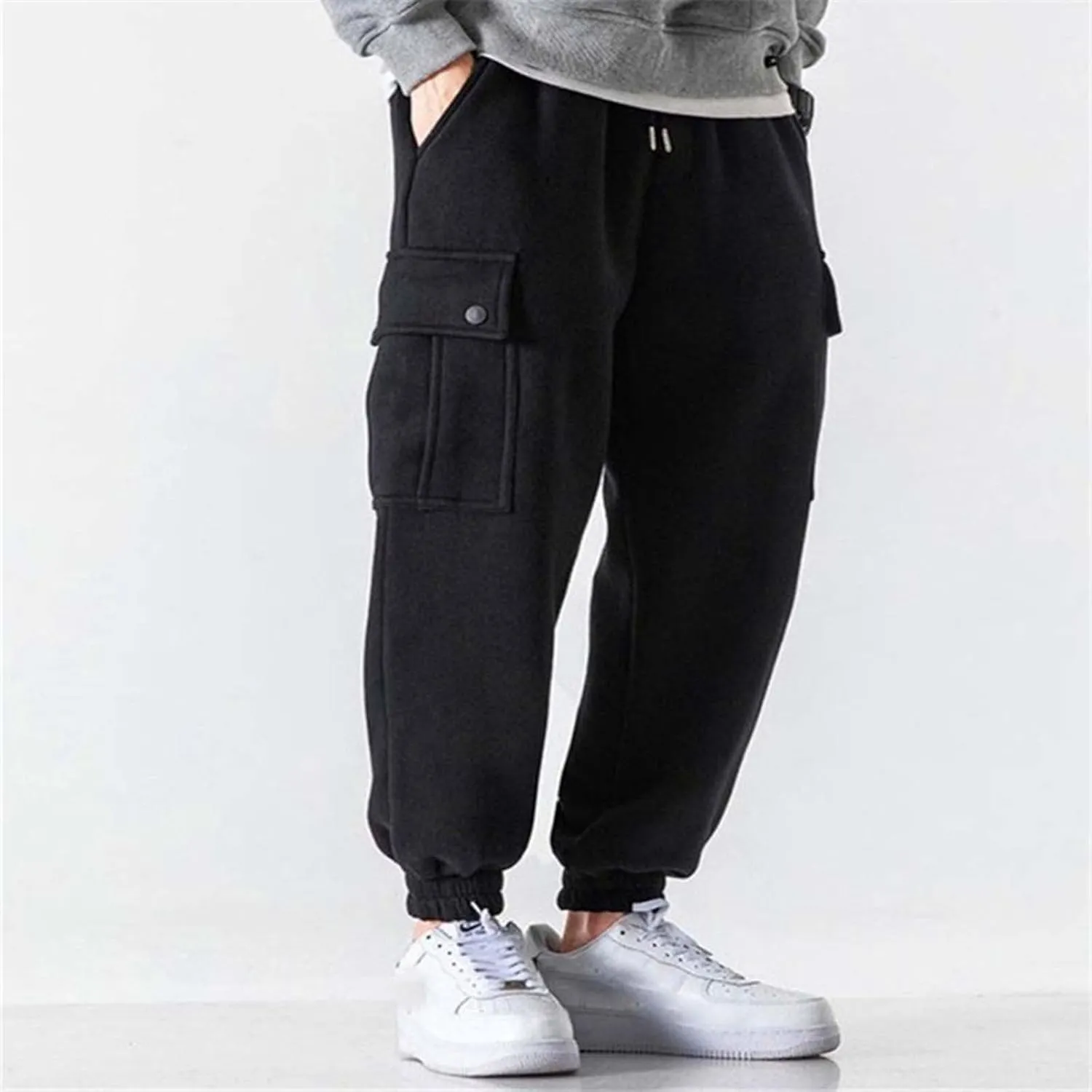 Men's Cargo Sweatpants Heavyweight Fleece Lined Drawstring Jogger Pants Elastic Waist Baggy Workout Running Pants Pockets