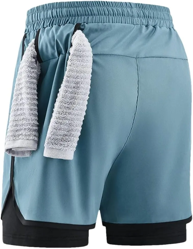 Men's Quick Dry 2-in-1 Running Shorts Elastic Waist Athletic Fit Gym Sports Training Jogger Sweatpants Shorts