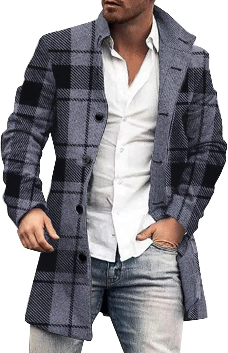 Mens Single Breasted Duffle Trench Coat Mid Length Winter Warm Winbreaker Pea Coat Notch Lapel Long Casual Overcoat