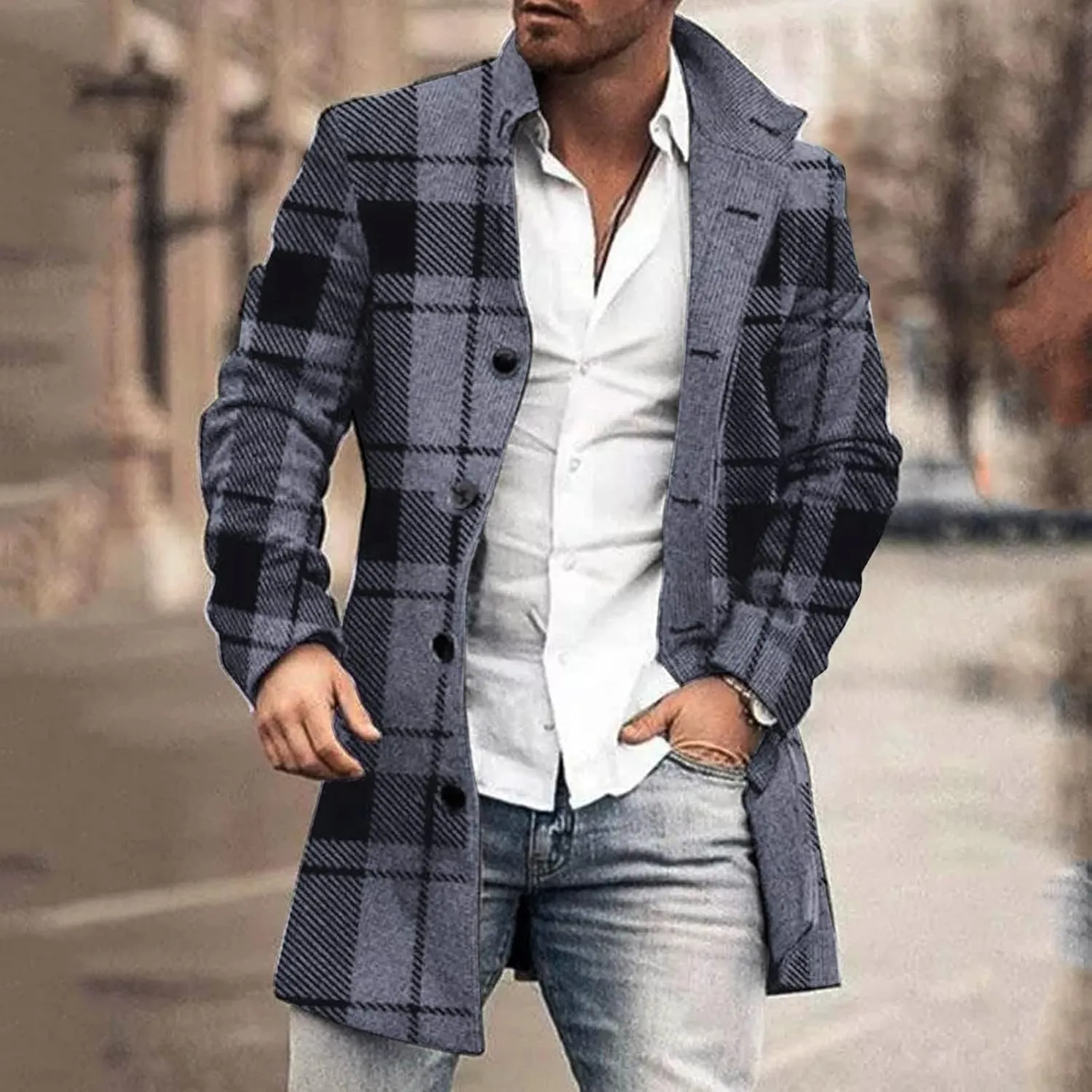 Mens Single Breasted Duffle Trench Coat Mid Length Winter Warm Winbreaker Pea Coat Notch Lapel Long Casual Overcoat