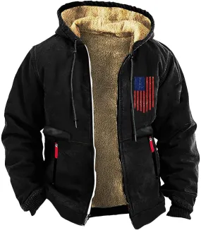 Men's Winter Hoodie Jacket Thick Thermal Cotton Warm Fleece Lined Coat Trucker Lapel USA Flag Printed Work Sweatshirt
