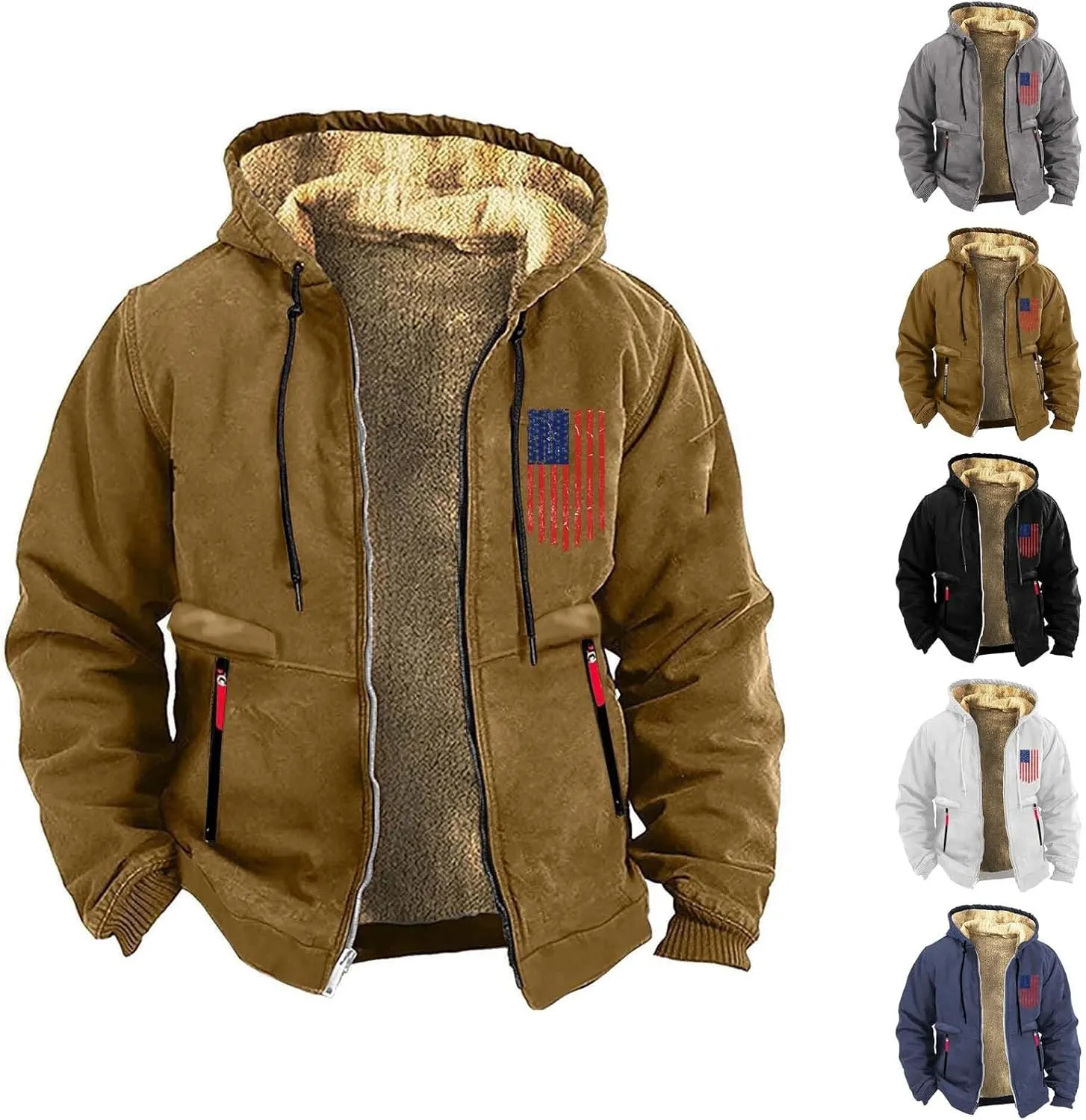 Men's Winter Hoodie Jacket Thick Thermal Cotton Warm Fleece Lined Coat Trucker Lapel USA Flag Printed Work Sweatshirt