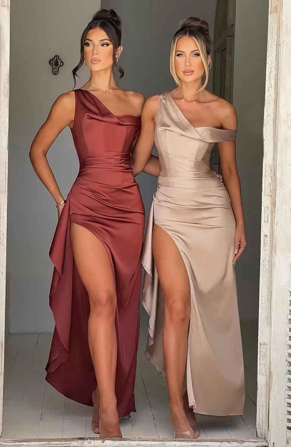 Off Shoulder Satin Mermaid Prom Dresses with Slit Long Corset Evening Wedding Gowns for Women