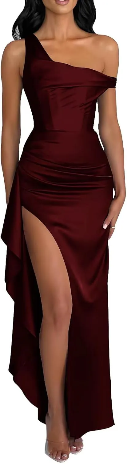 Off Shoulder Satin Mermaid Prom Dresses with Slit Long Corset Evening Wedding Gowns for Women
