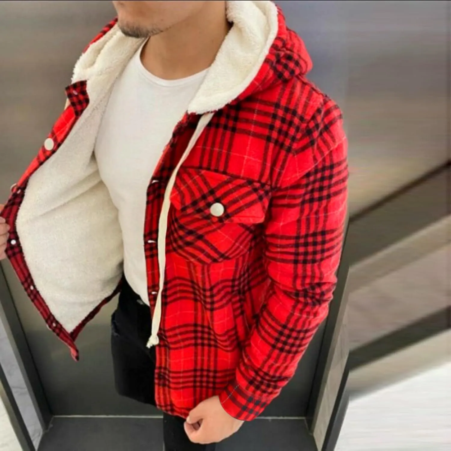 Plaid Hoodies Jackets for Men Regular Fit Long Sleeve Full-Zip Fleece Lined Casual Plaid Jacket Color Block Stitching