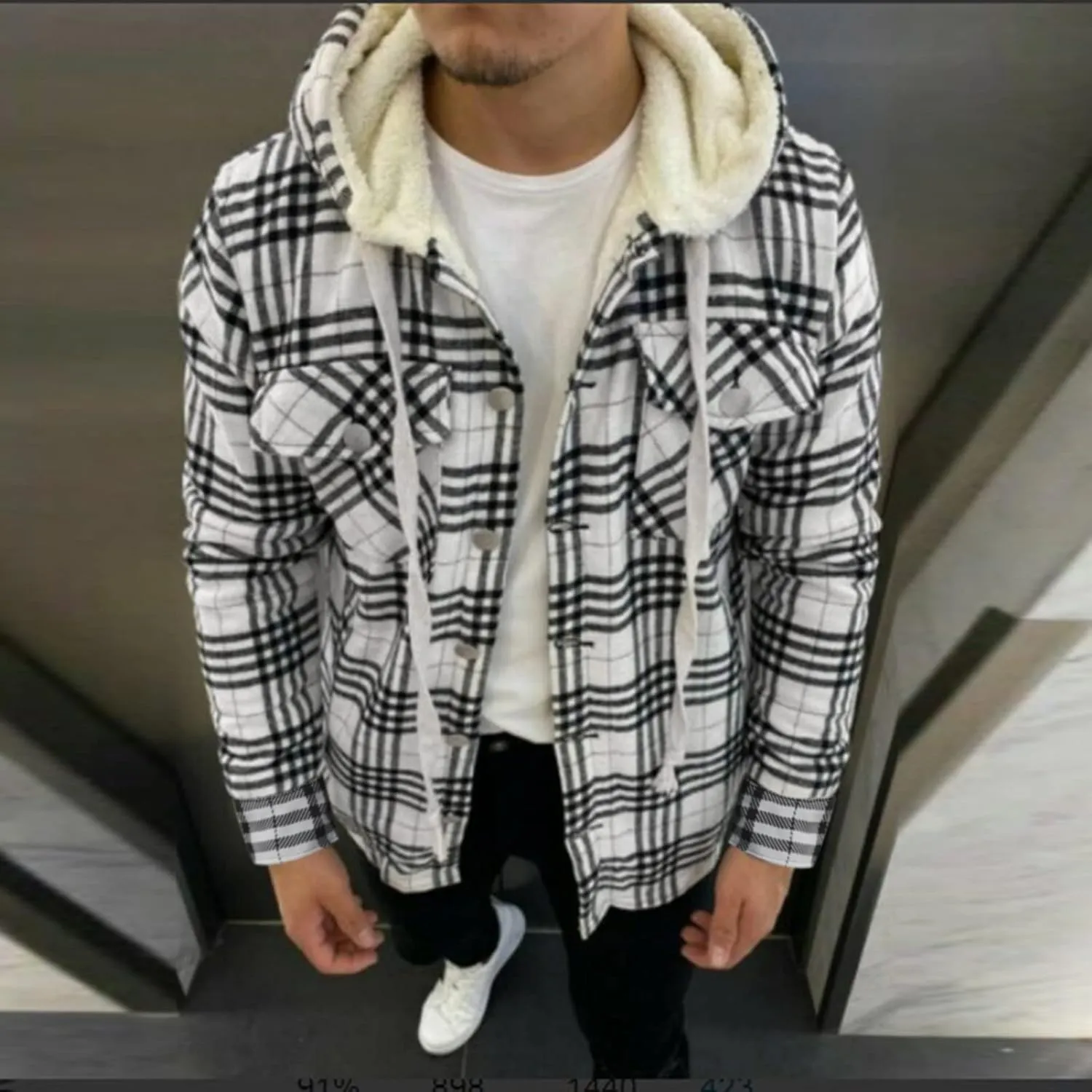 Plaid Hoodies Jackets for Men Regular Fit Long Sleeve Full-Zip Fleece Lined Casual Plaid Jacket Color Block Stitching