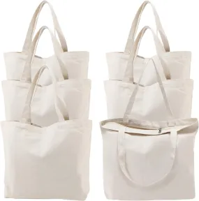 Segarty 6 Packs Canvas Tote Bag with Zipper, 16x15 inch Reusable Washable Grocery Shopping Bags with Handle Plain Canvas Totes for Women Teacher DIY Art Crafts Painting Embroidery Decoration