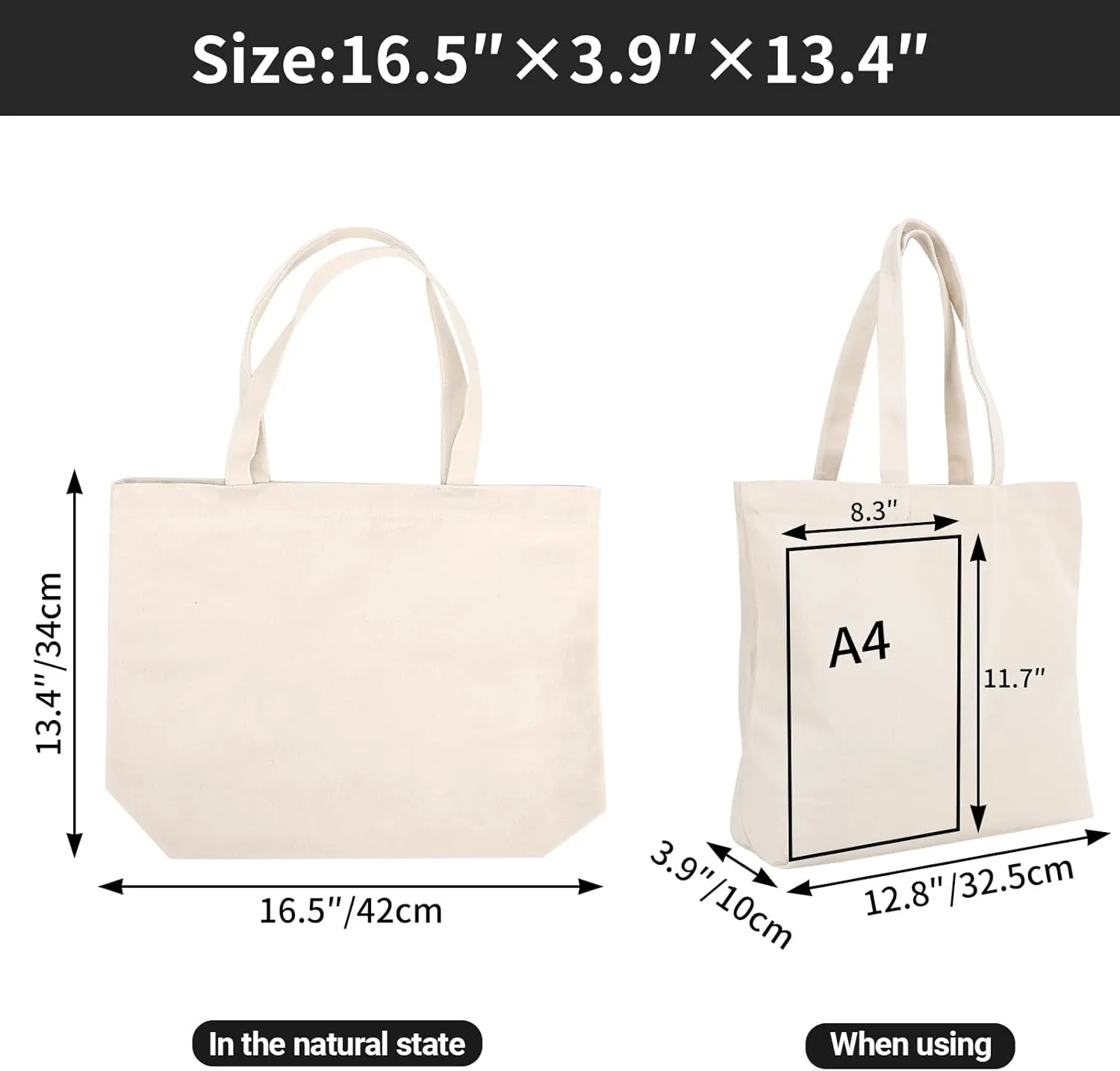 Segarty 6 Packs Canvas Tote Bag with Zipper, 16x15 inch Reusable Washable Grocery Shopping Bags with Handle Plain Canvas Totes for Women Teacher DIY Art Crafts Painting Embroidery Decoration