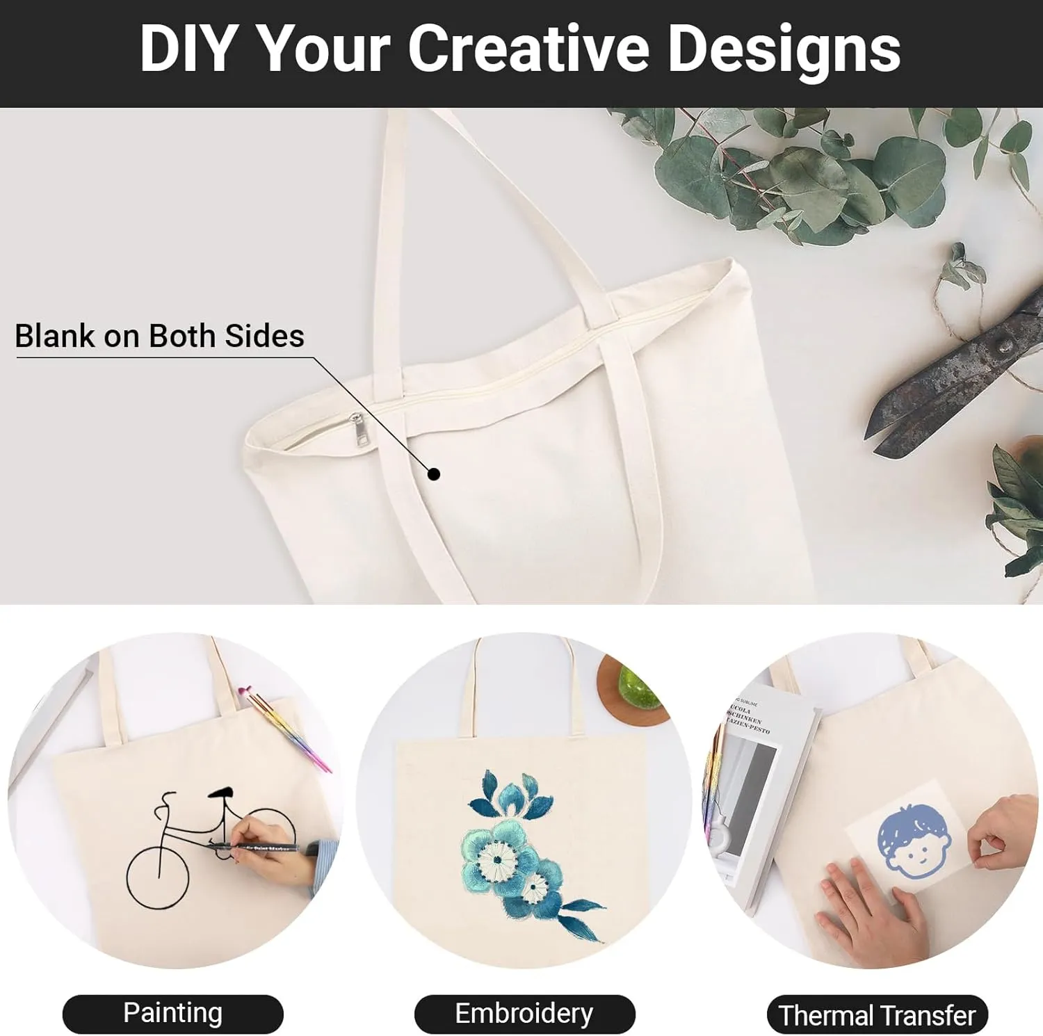 Segarty 6 Packs Canvas Tote Bag with Zipper, 16x15 inch Reusable Washable Grocery Shopping Bags with Handle Plain Canvas Totes for Women Teacher DIY Art Crafts Painting Embroidery Decoration