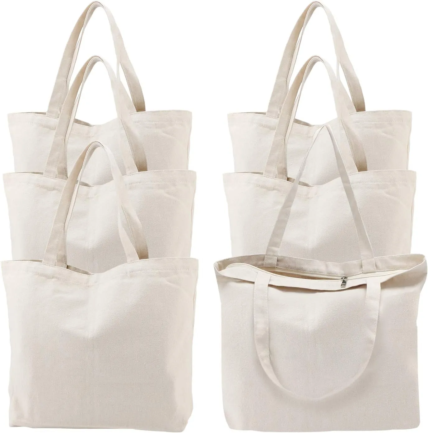 Segarty 6 Packs Canvas Tote Bag with Zipper, 16x15 inch Reusable Washable Grocery Shopping Bags with Handle Plain Canvas Totes for Women Teacher DIY Art Crafts Painting Embroidery Decoration