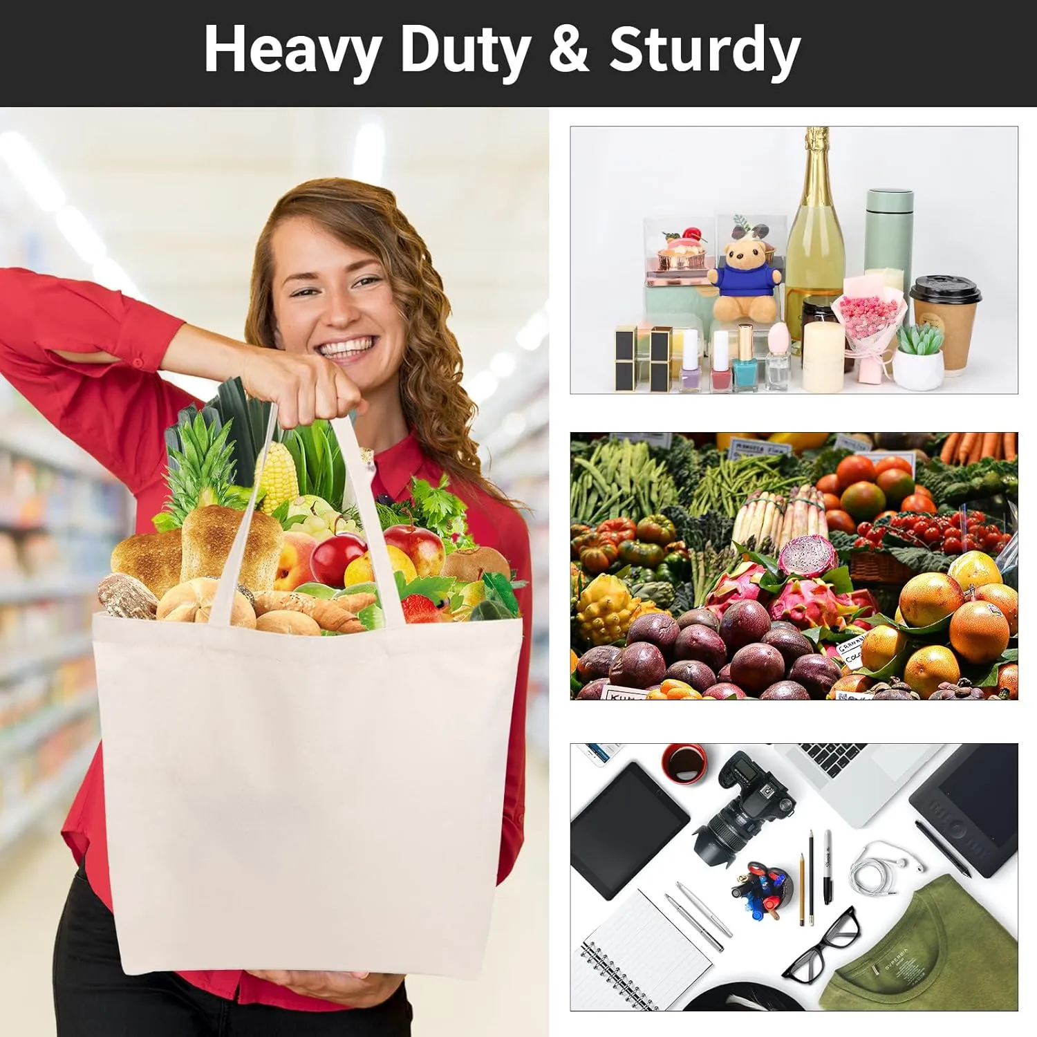 Segarty 6 Packs Canvas Tote Bag with Zipper, 16x15 inch Reusable Washable Grocery Shopping Bags with Handle Plain Canvas Totes for Women Teacher DIY Art Crafts Painting Embroidery Decoration