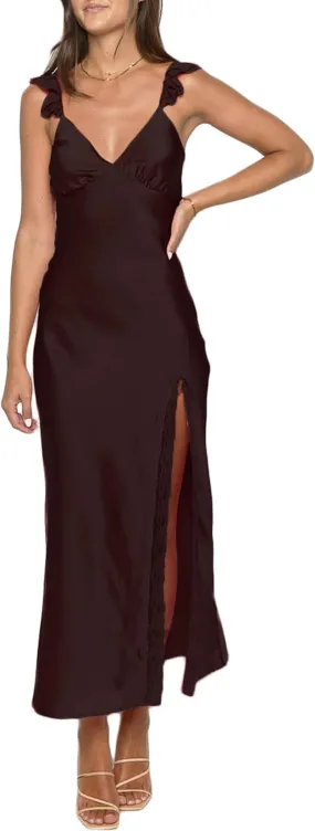 Summer Satin Lace Backless Spaghetti Strap Maxi Dress for Wedding Guest Silk Sleeveless V Neck Slit Ruffled Dress for Women