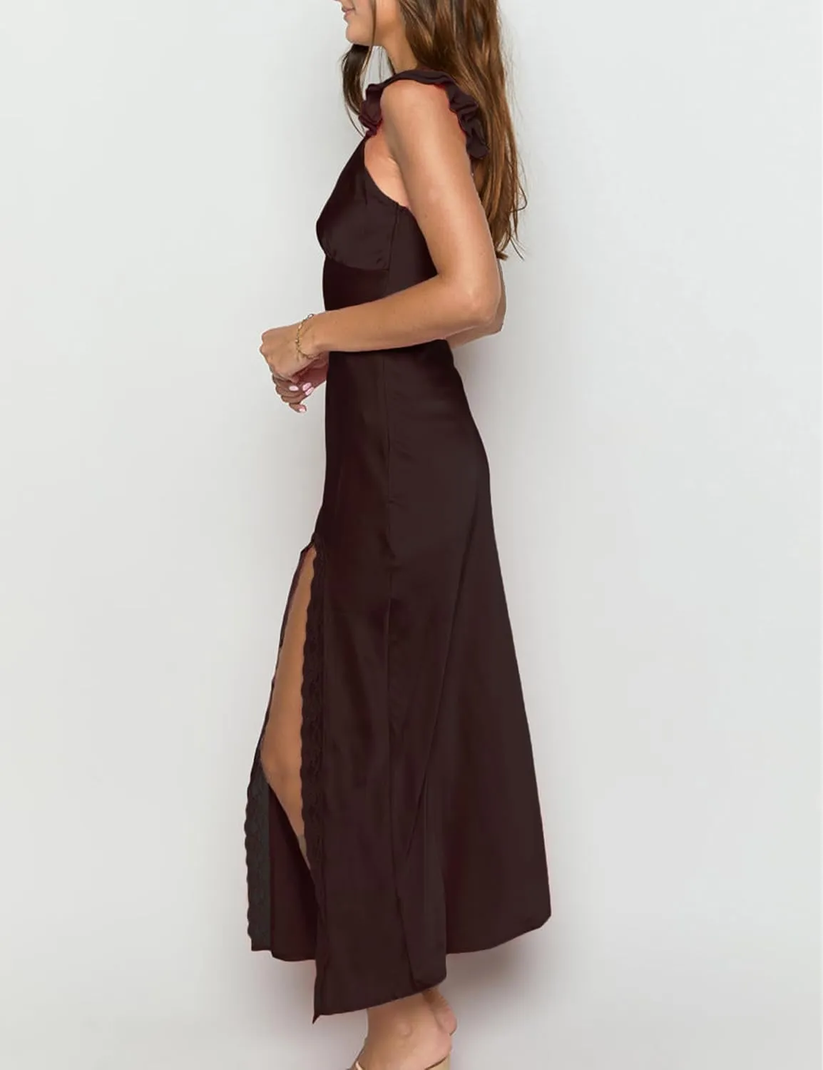 Summer Satin Lace Backless Spaghetti Strap Maxi Dress for Wedding Guest Silk Sleeveless V Neck Slit Ruffled Dress for Women