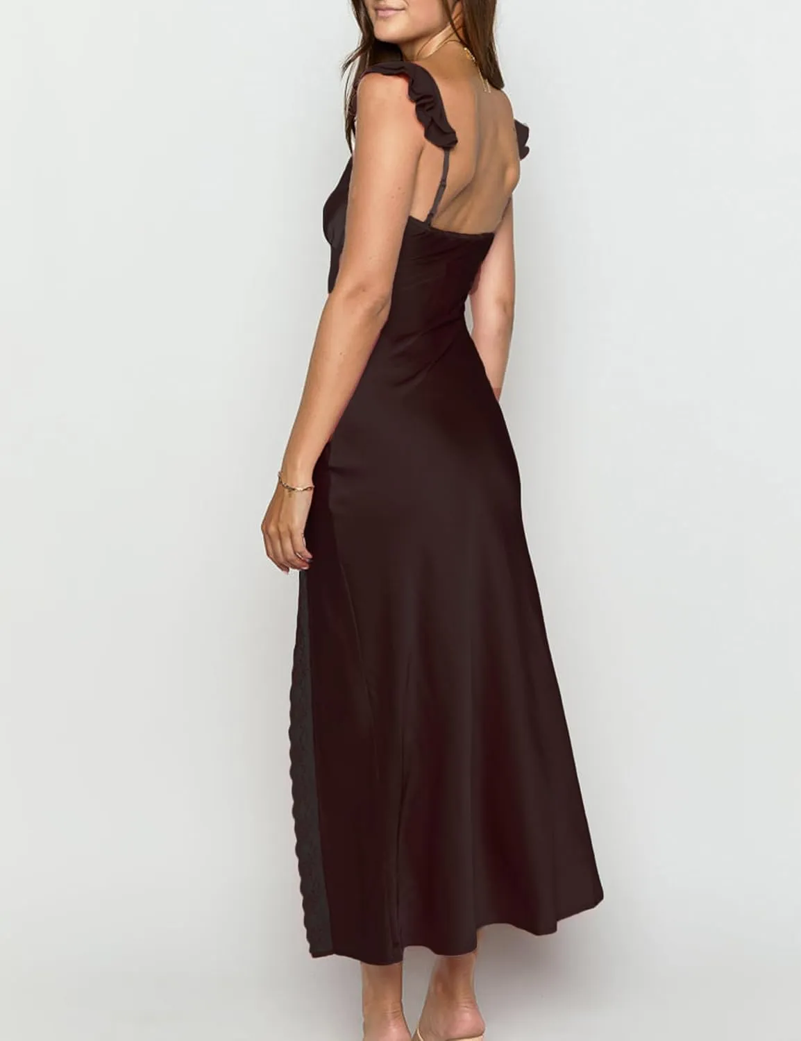 Summer Satin Lace Backless Spaghetti Strap Maxi Dress for Wedding Guest Silk Sleeveless V Neck Slit Ruffled Dress for Women