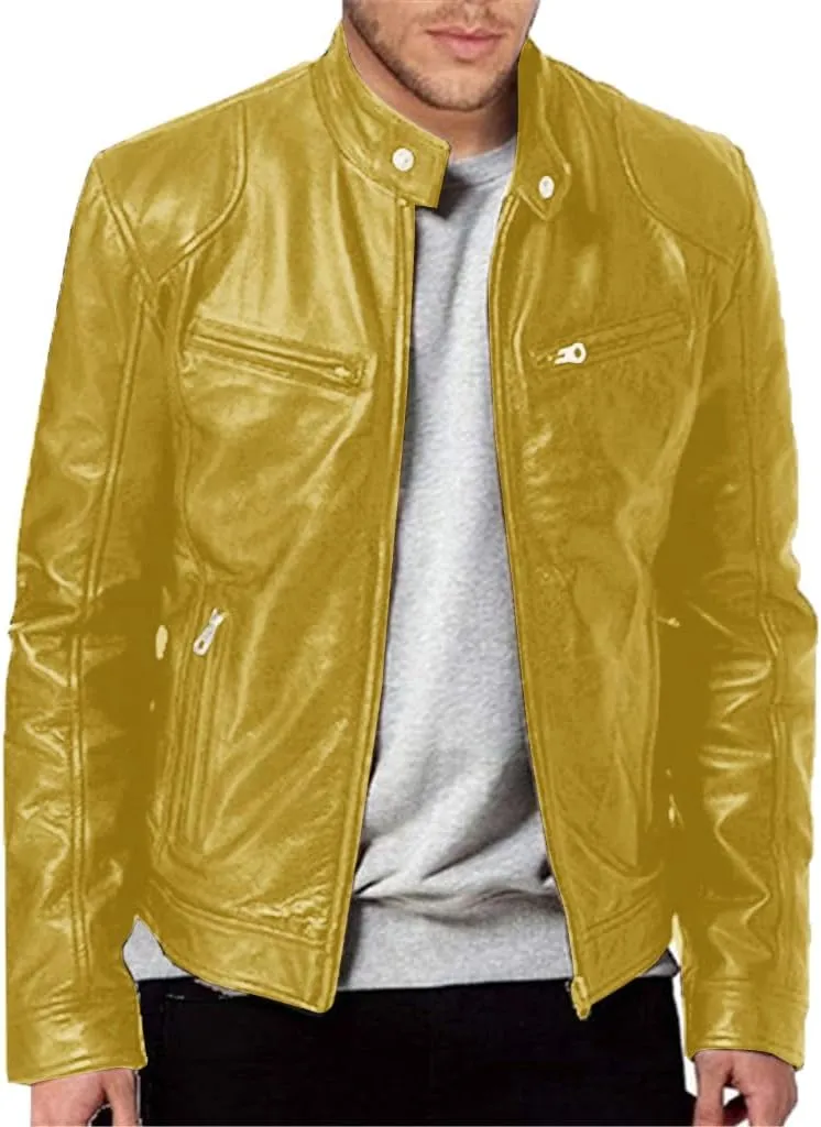 Vintage Jacket for Men Leather Biker Cowboy Casual Collar Zip Up RetroVarsity Coat Motorcycle Lightweight Sweatshirts