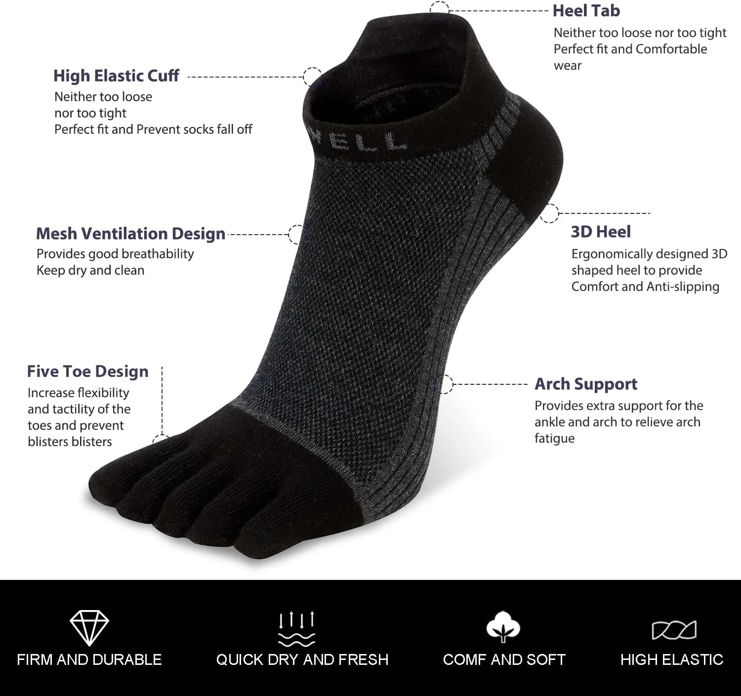 VWELL Cotton Toe Socks Five Finger Socks No Show Crew Athletic Running Socks 4 Pairs,Size 7-11