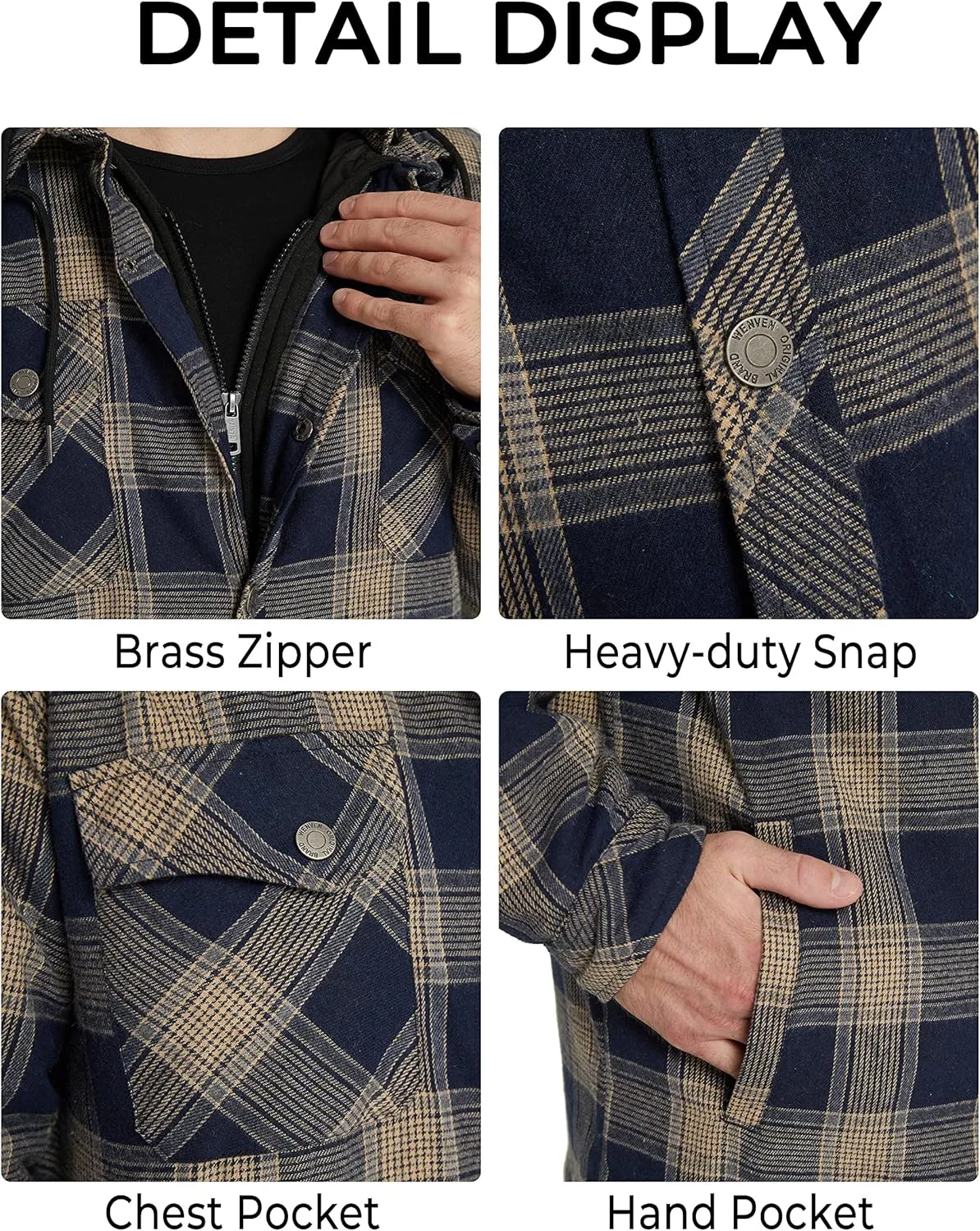 WenVen Men's Thicken Plaid Flannel Quilted Shirts Jacket with Removable Hood