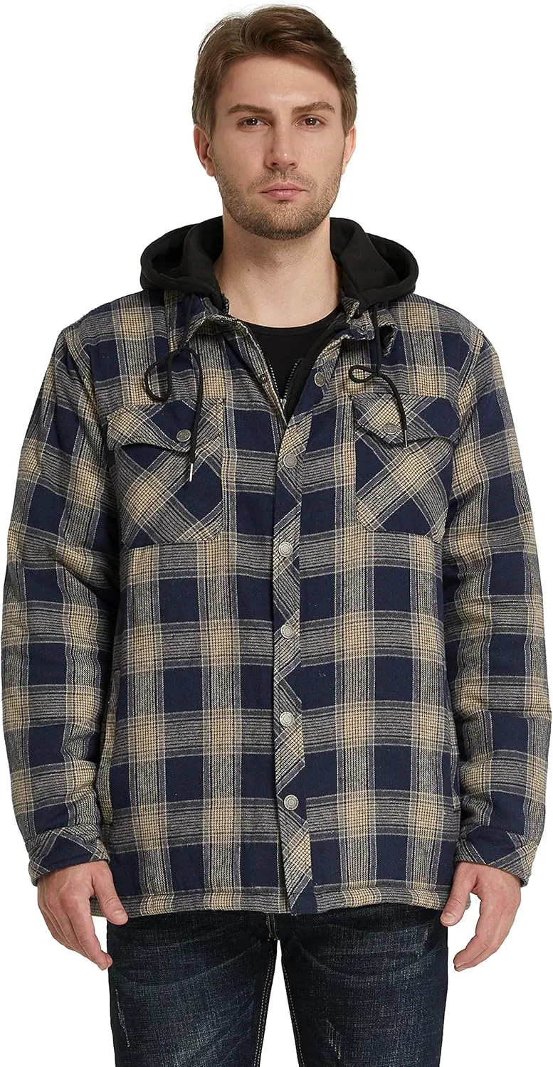 WenVen Men's Thicken Plaid Flannel Quilted Shirts Jacket with Removable Hood