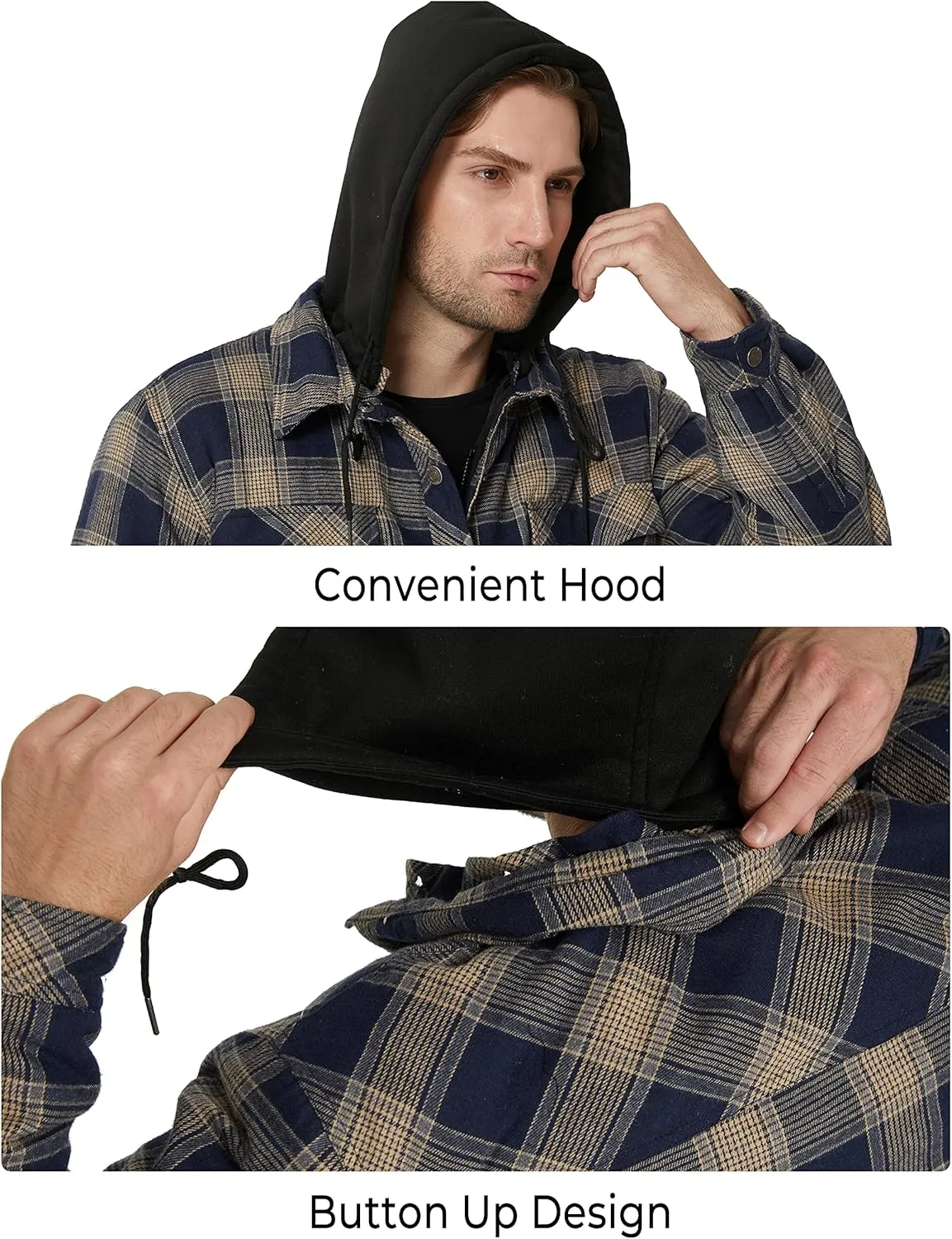 WenVen Men's Thicken Plaid Flannel Quilted Shirts Jacket with Removable Hood