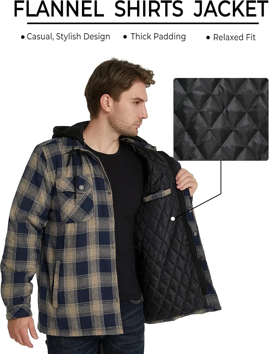 WenVen Men's Thicken Plaid Flannel Quilted Shirts Jacket with Removable Hood
