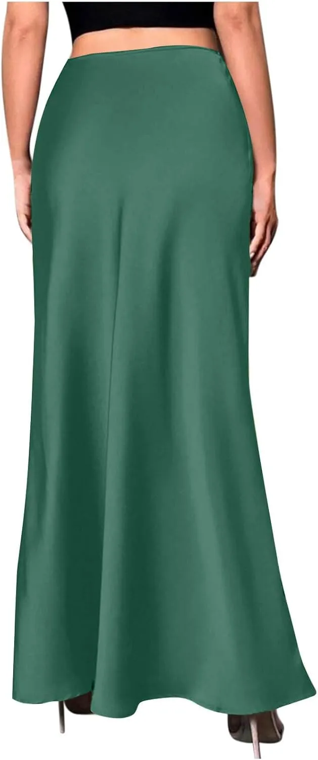 Women's Satin High Waist Midi Long Skirt Trendy Elastic Waistband Elegant Skirt Party Wedding A-line Silk Skirts