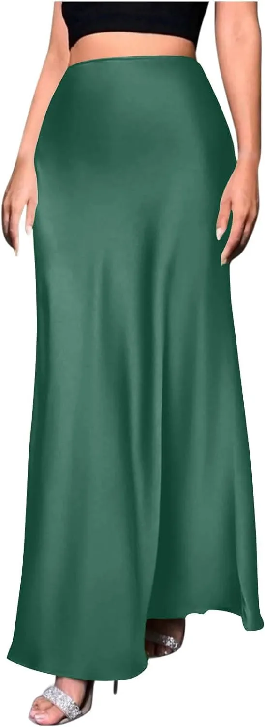 Women's Satin High Waist Midi Long Skirt Trendy Elastic Waistband Elegant Skirt Party Wedding A-line Silk Skirts