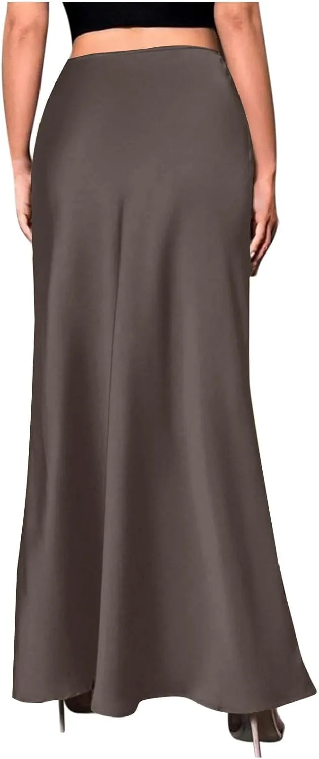 Women's Satin High Waist Midi Long Skirt Trendy Elastic Waistband Elegant Skirt Party Wedding A-line Silk Skirts