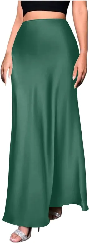 Women's Satin High Waist Midi Long Skirt Trendy Elastic Waistband Elegant Skirt Party Wedding A-line Silk Skirts