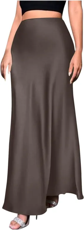 Women's Satin High Waist Midi Long Skirt Trendy Elastic Waistband Elegant Skirt Party Wedding A-line Silk Skirts