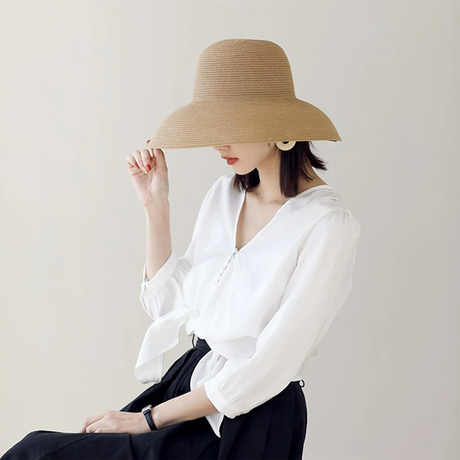 Women's Straw Wide Brim Dome Sun Hat Breathable Foldable Beach Straw Hat Summer Fashion Casual Sun Hat