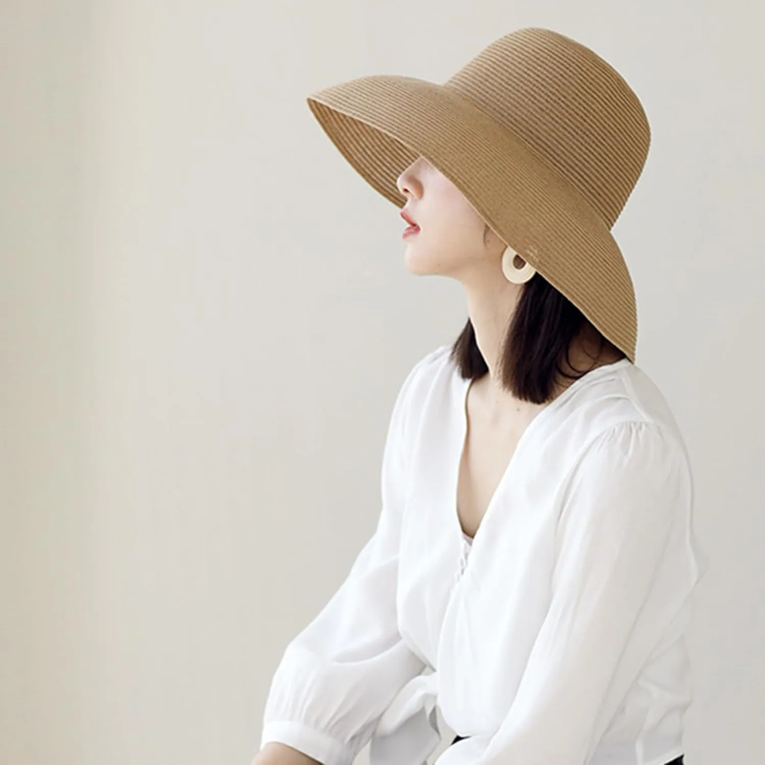 Women's Straw Wide Brim Dome Sun Hat Breathable Foldable Beach Straw Hat Summer Fashion Casual Sun Hat
